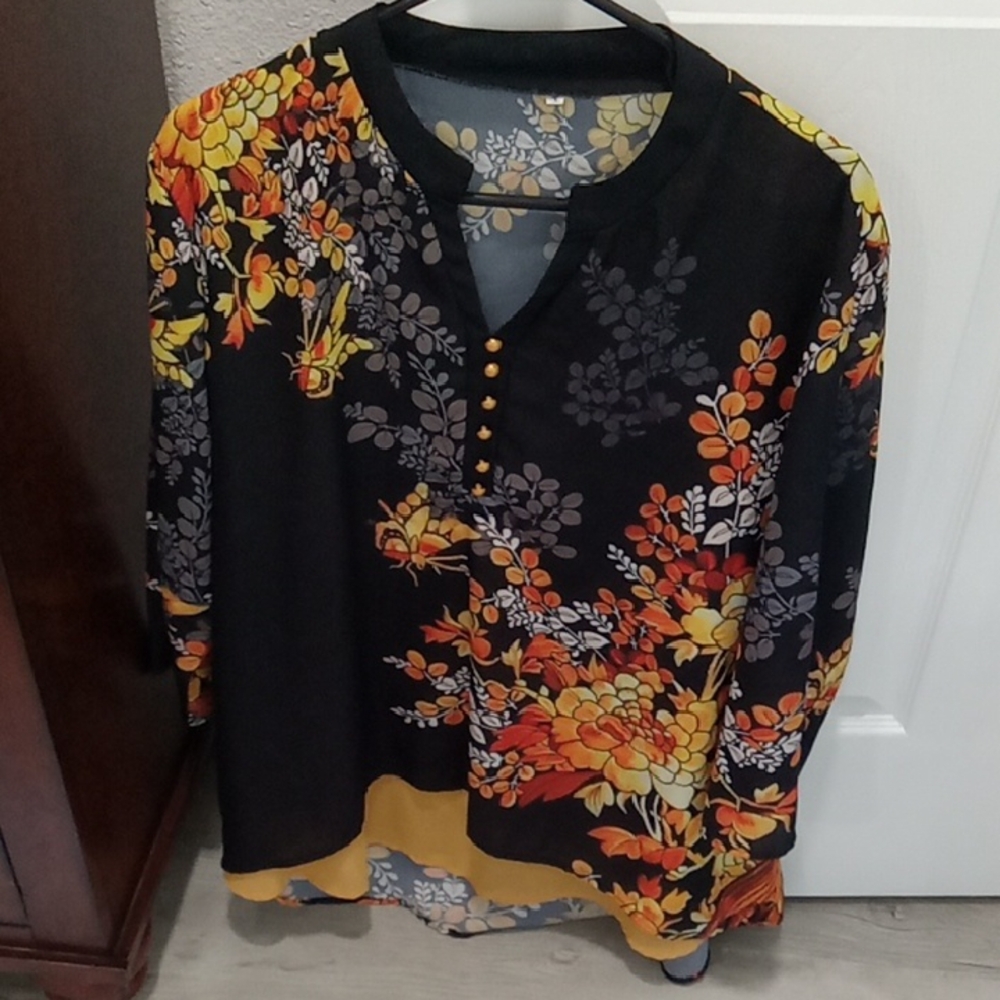 Source Unknown Black Tunic with Orange and Yellow Floral Print
